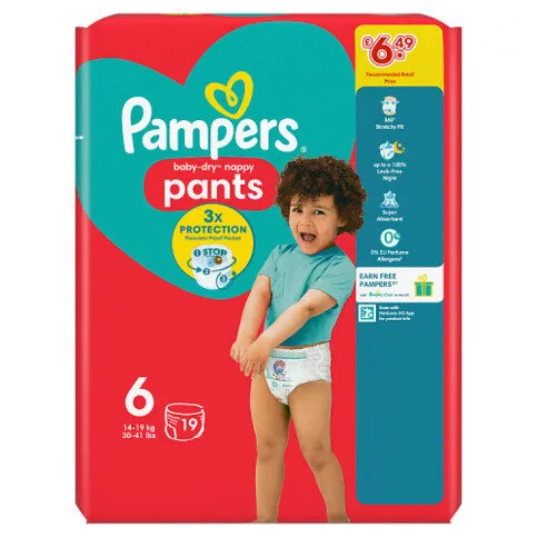 Pampers Baby-Dry Nappy Pants Size 6, 19 Nappies, 14kg-19kg, Carry Pack